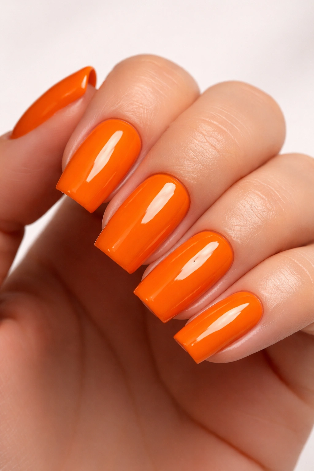 Close-up of glossy orange nails with a solid orange manicure