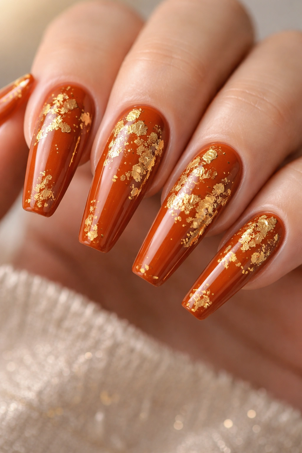 Long coffin nails with burnt orange base and gold leaf accents.