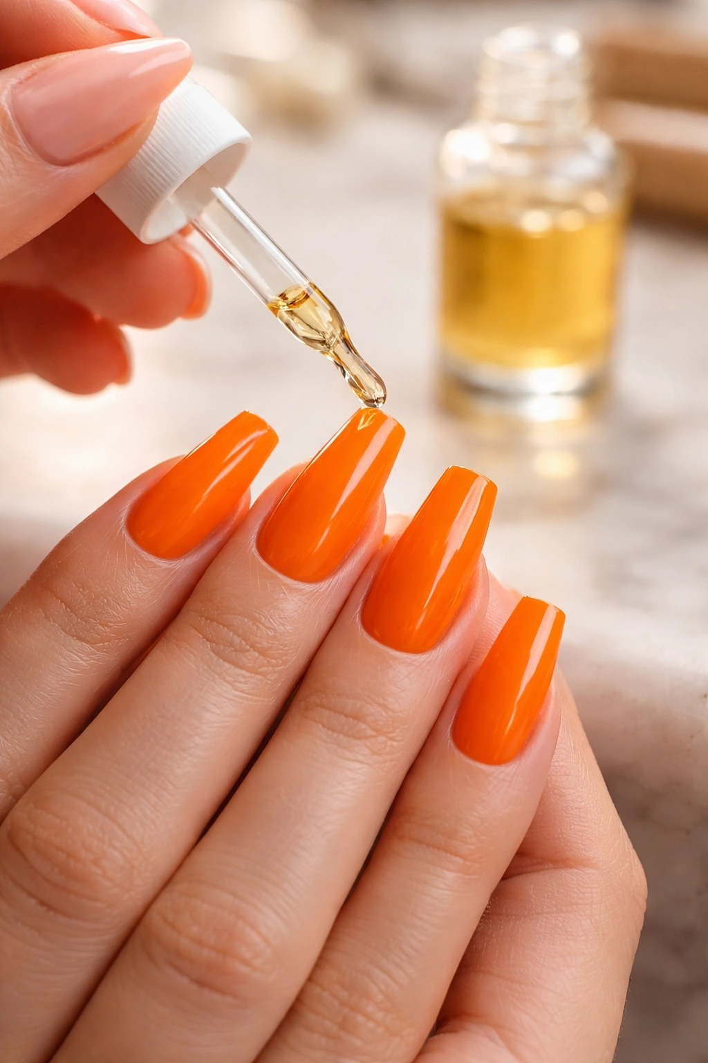 Hand applying cuticle oil to orange ballerina nails