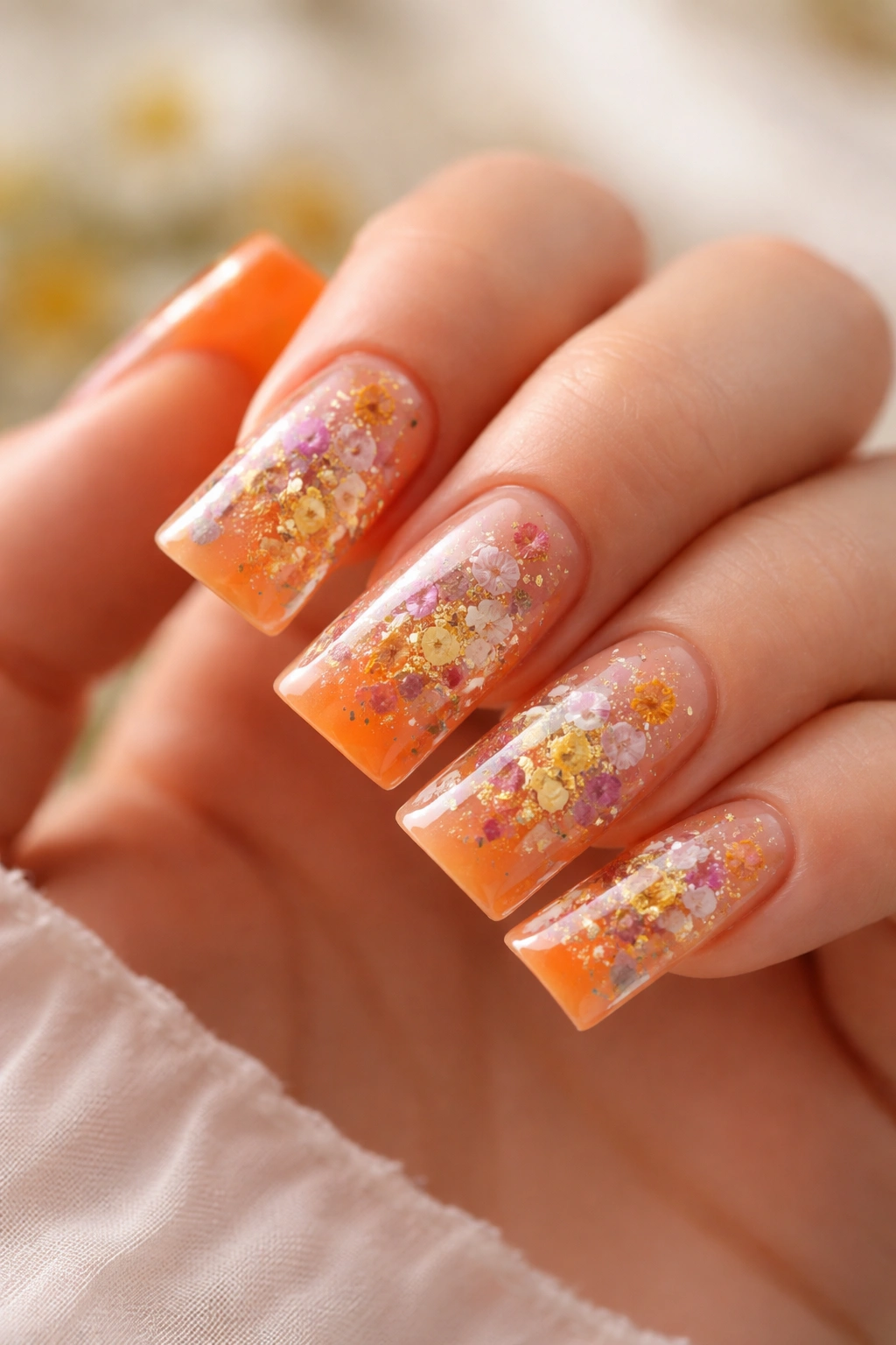 Close-up of orange duck nails with pressed flowers under clear gel