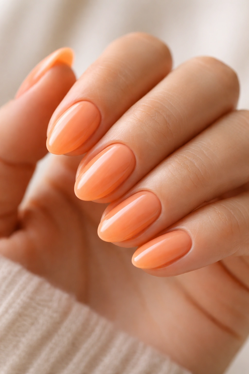 Close-up of short almond nails in soft orange shade on hand.