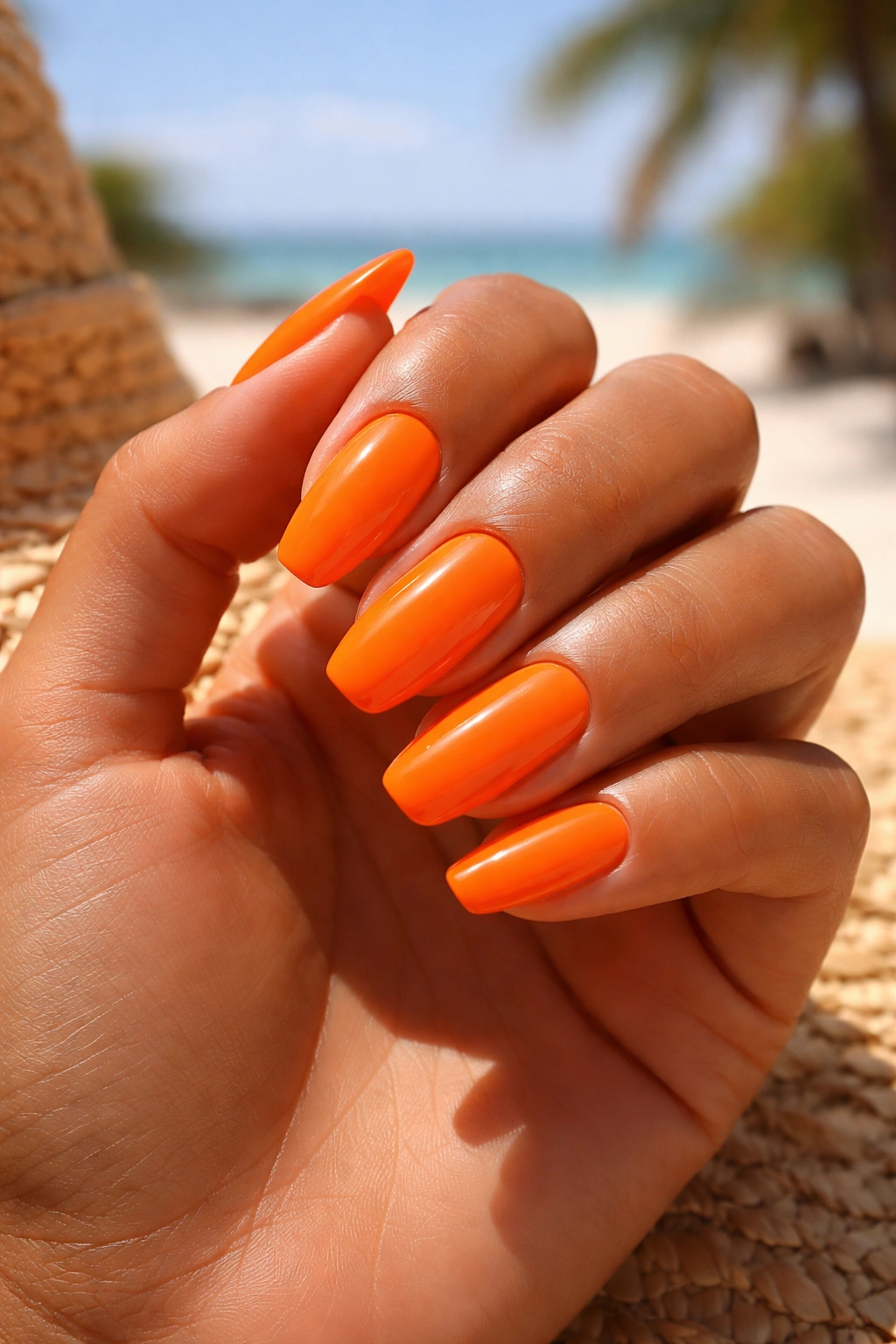 Hand with bright orange nails on tan skin in sunny light
