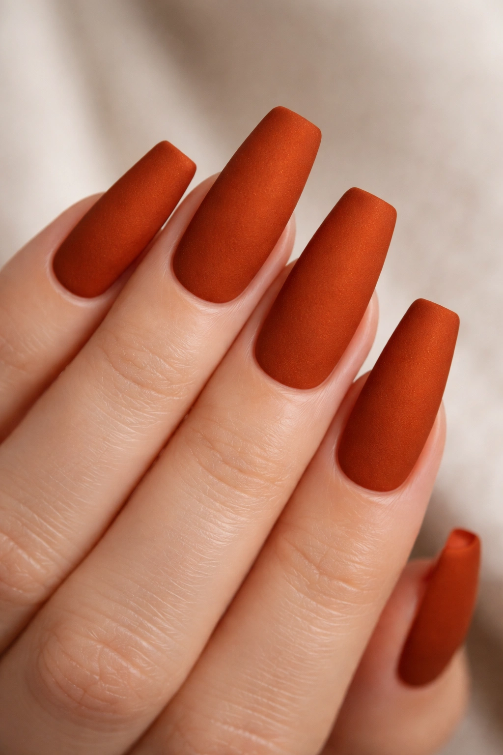 Matte burnt orange ballerina nails with velvet finish