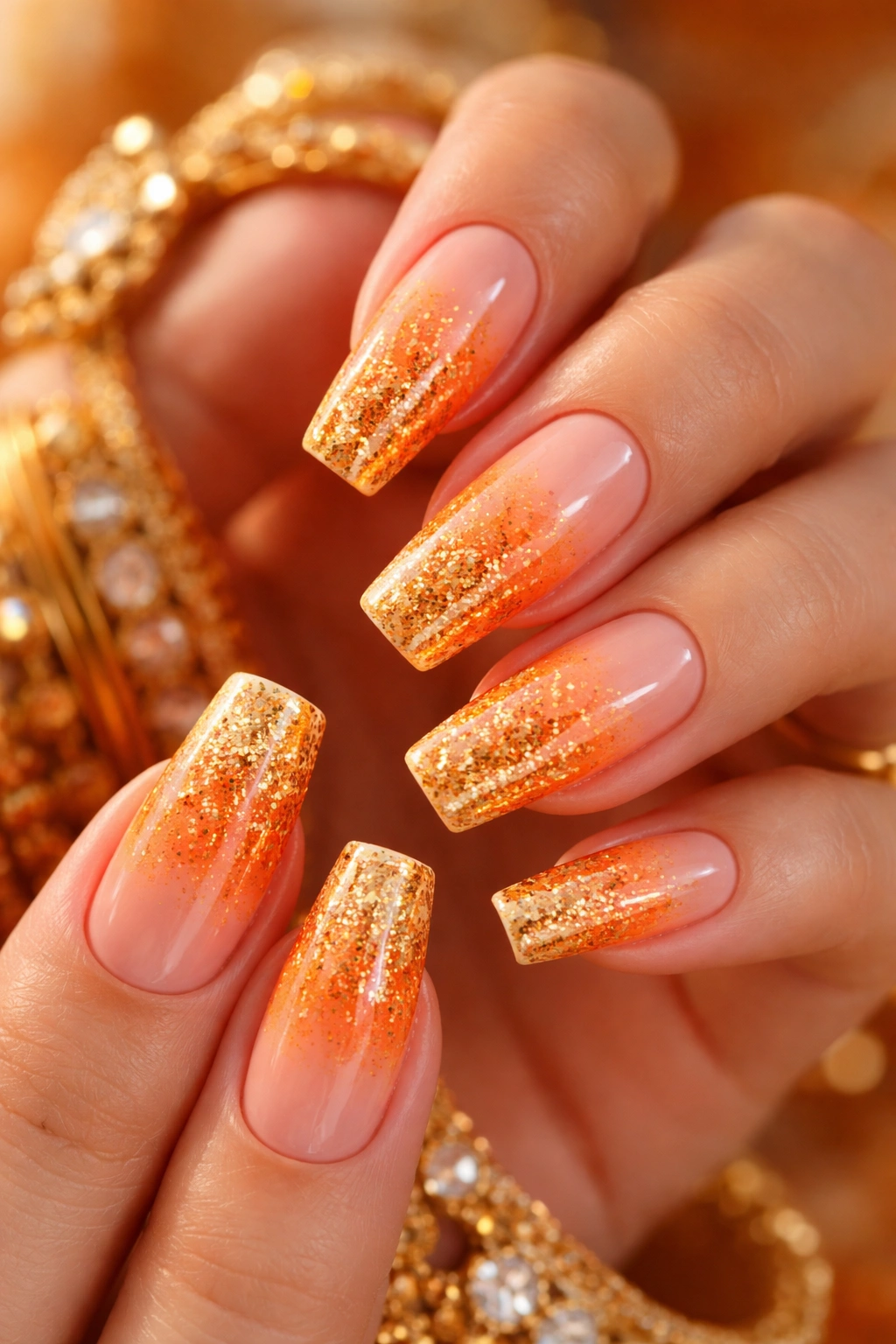 Close-up of orange sunset ombre nails with gold glitter