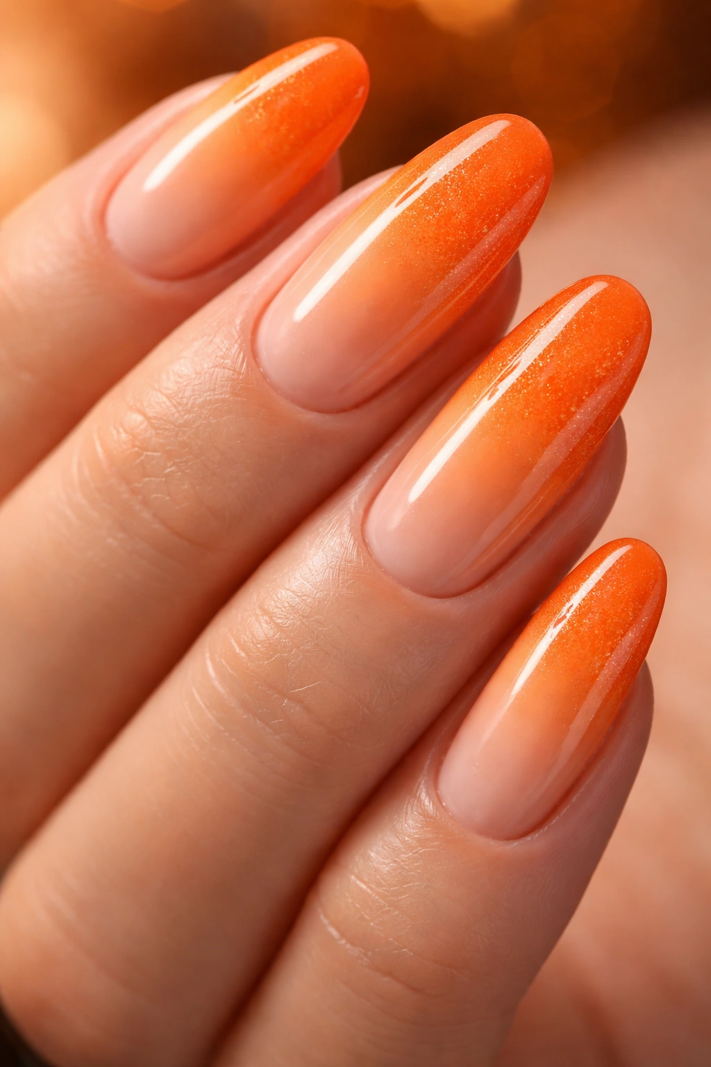 Close-up of orange ombre nails fading from peach to orange with gold shimmer