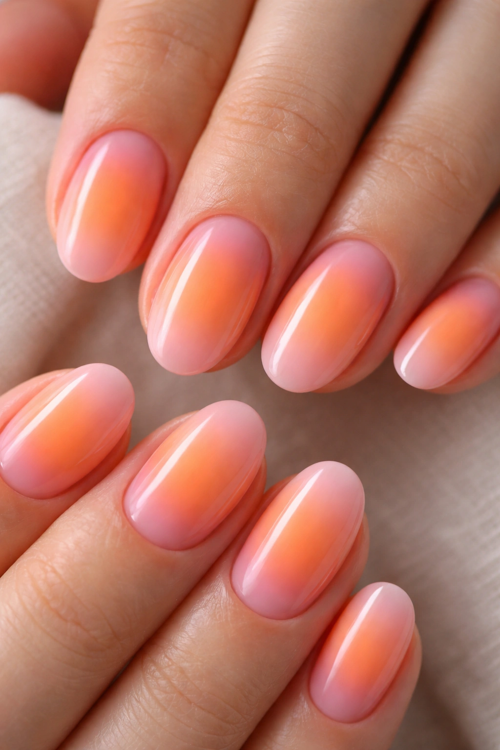 Close-up of orange and pink aura nails with blended gradient on short oval nails
