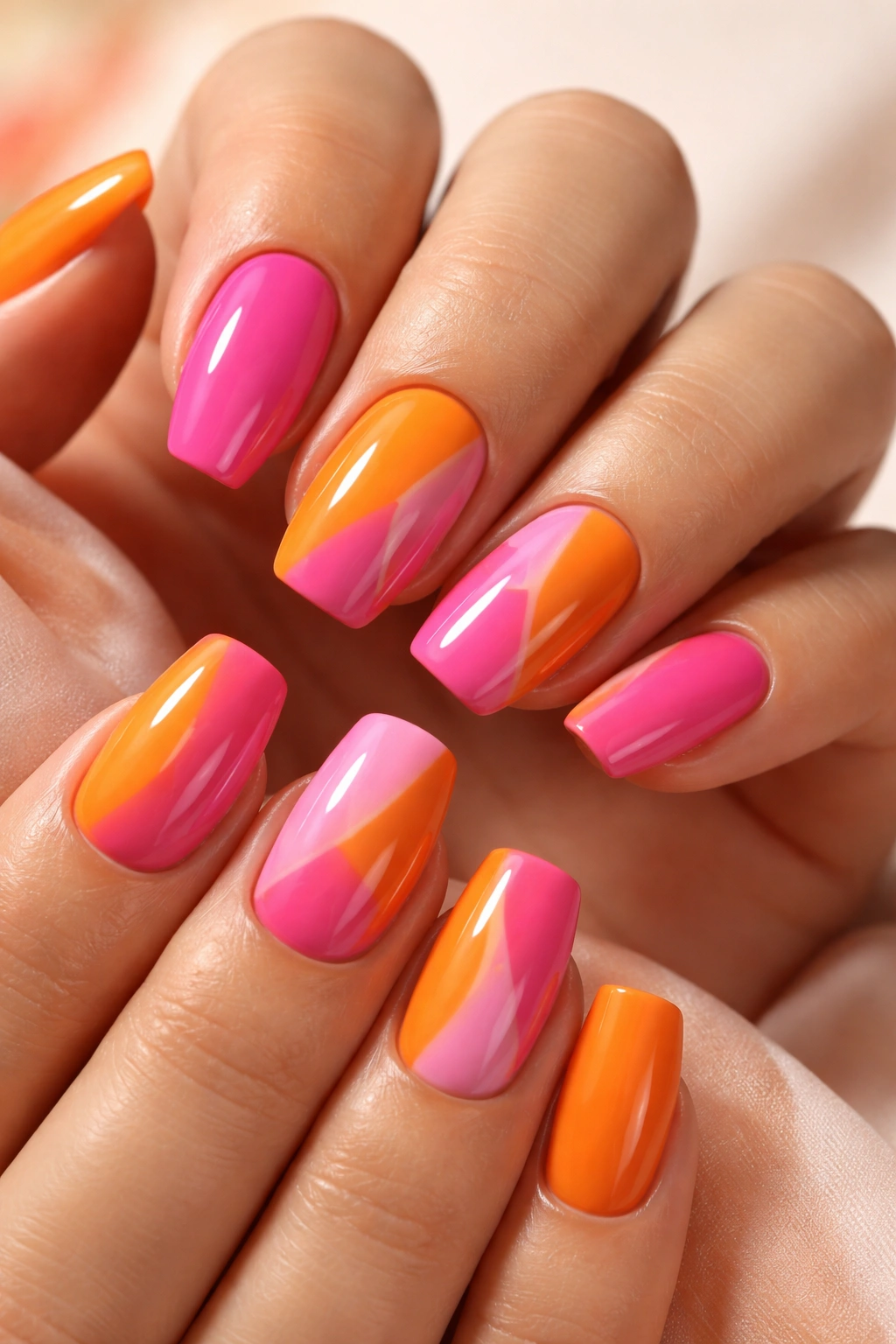 Nails showing orange and pink alternating colors
