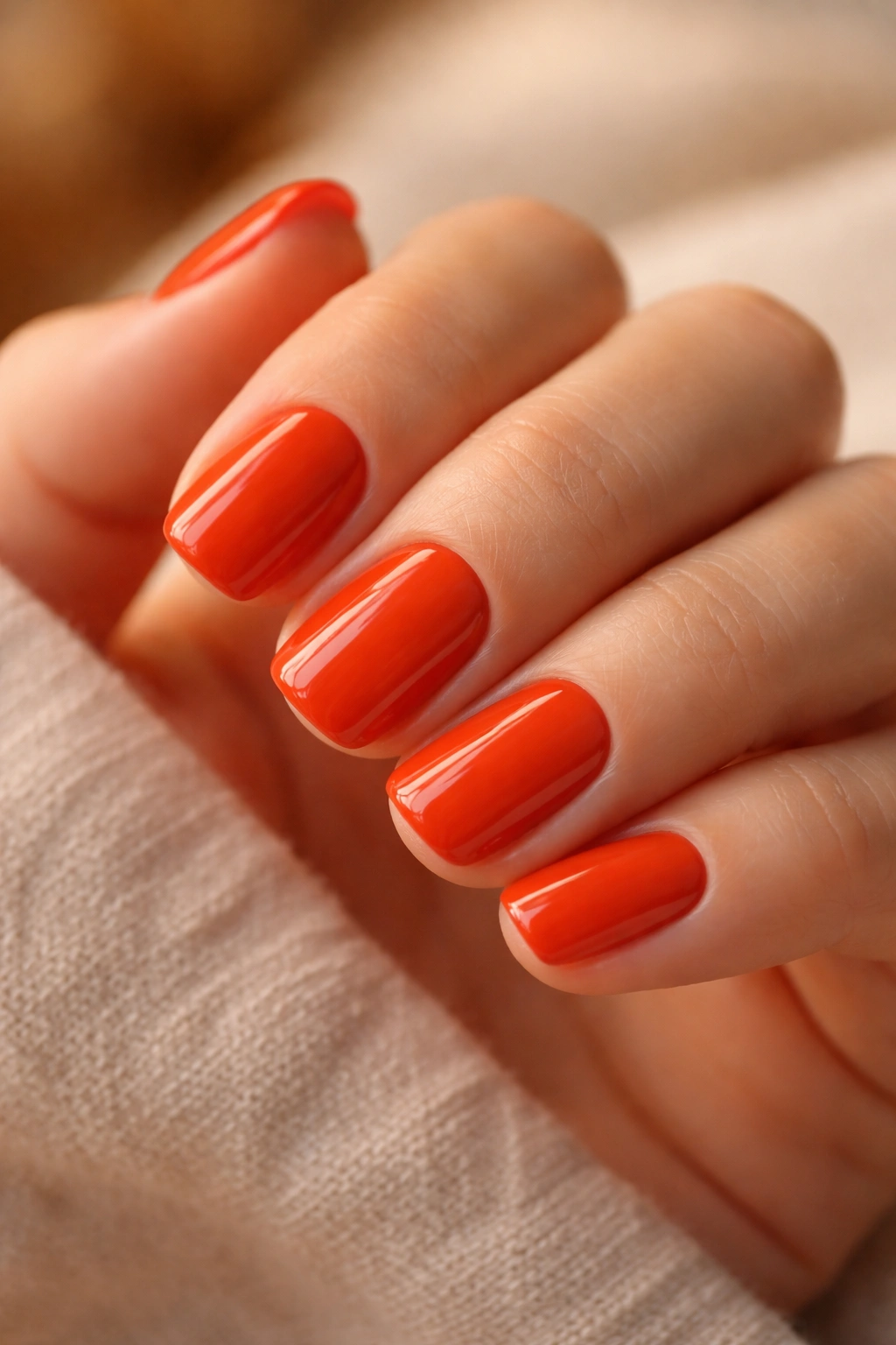 Close-up bold orange-red squoval nails with glossy finish