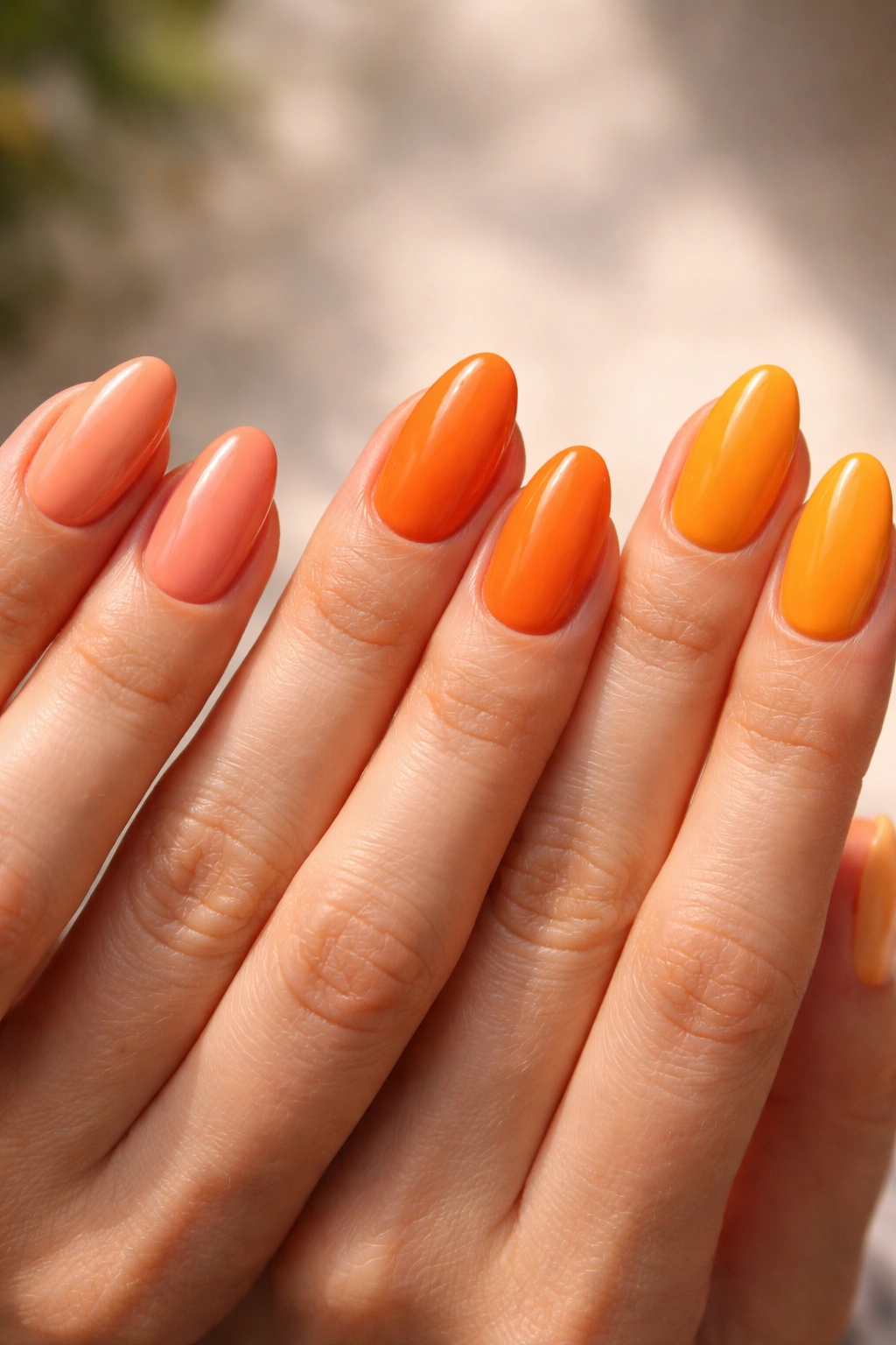 Hand with short almond nails painted in three orange shades showing undertone comparison under natural light.
