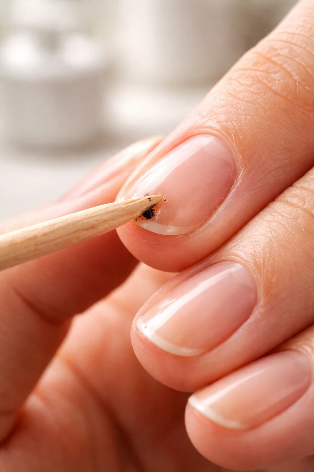Orange stick under fingernail lifting dirt