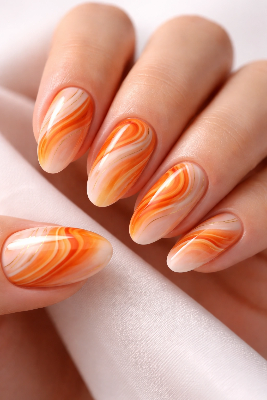Nails with orange swirl nail art on a pale base