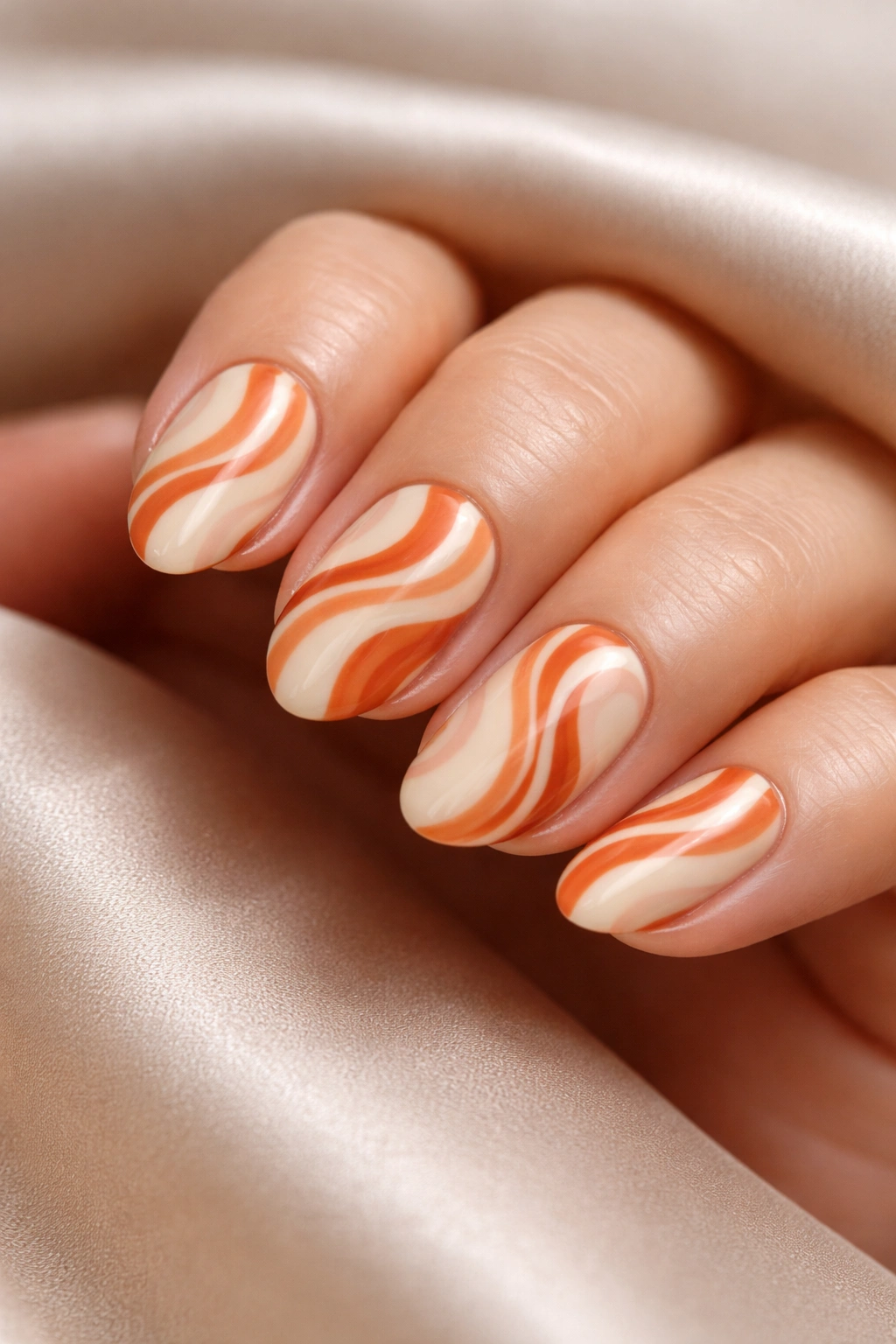 Close-up of short almond nails with orange and cream swirls in a retro style