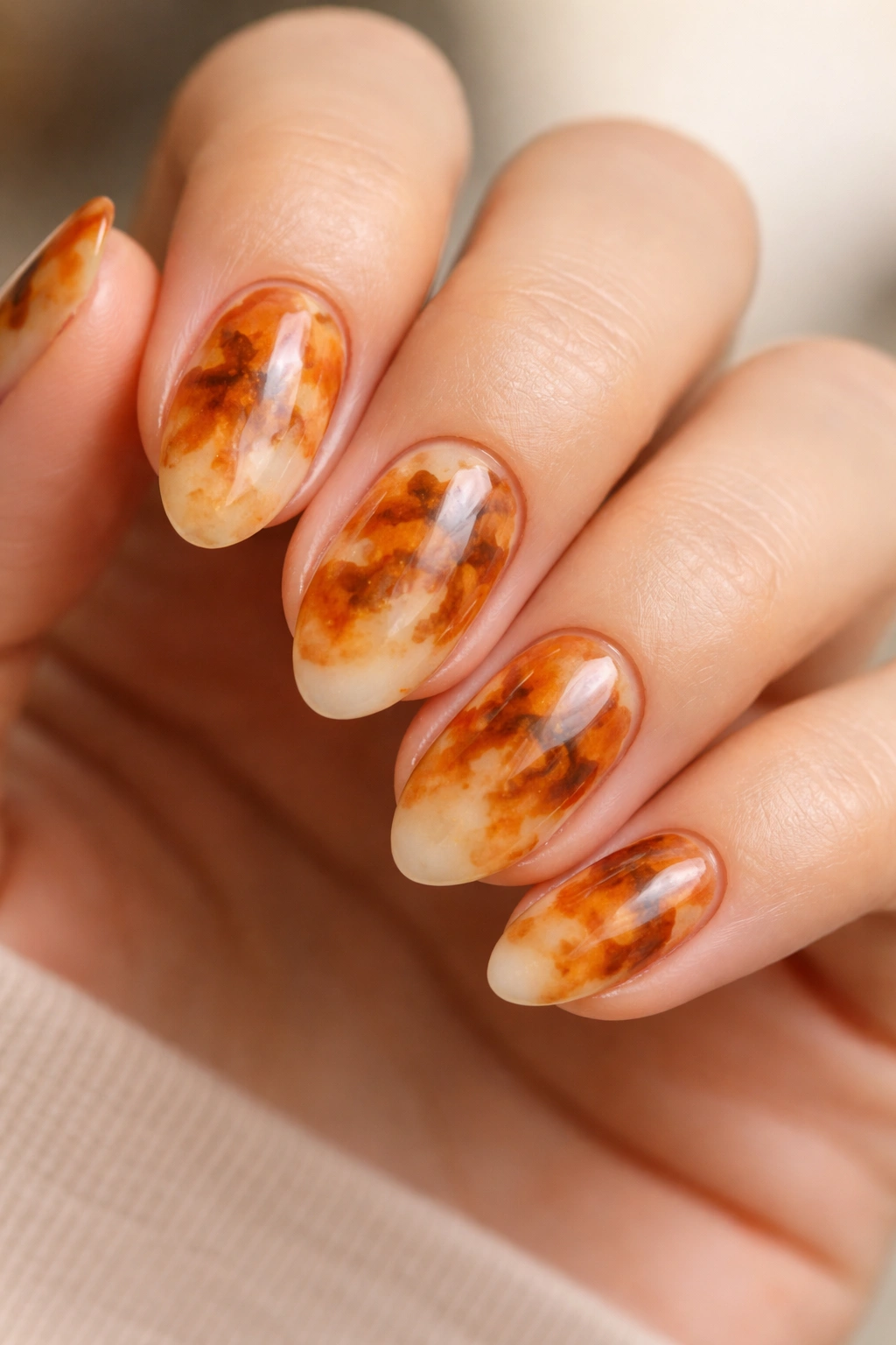 Close-up of short almond nails in orange and cream tortoiseshell pattern with a mottled look.