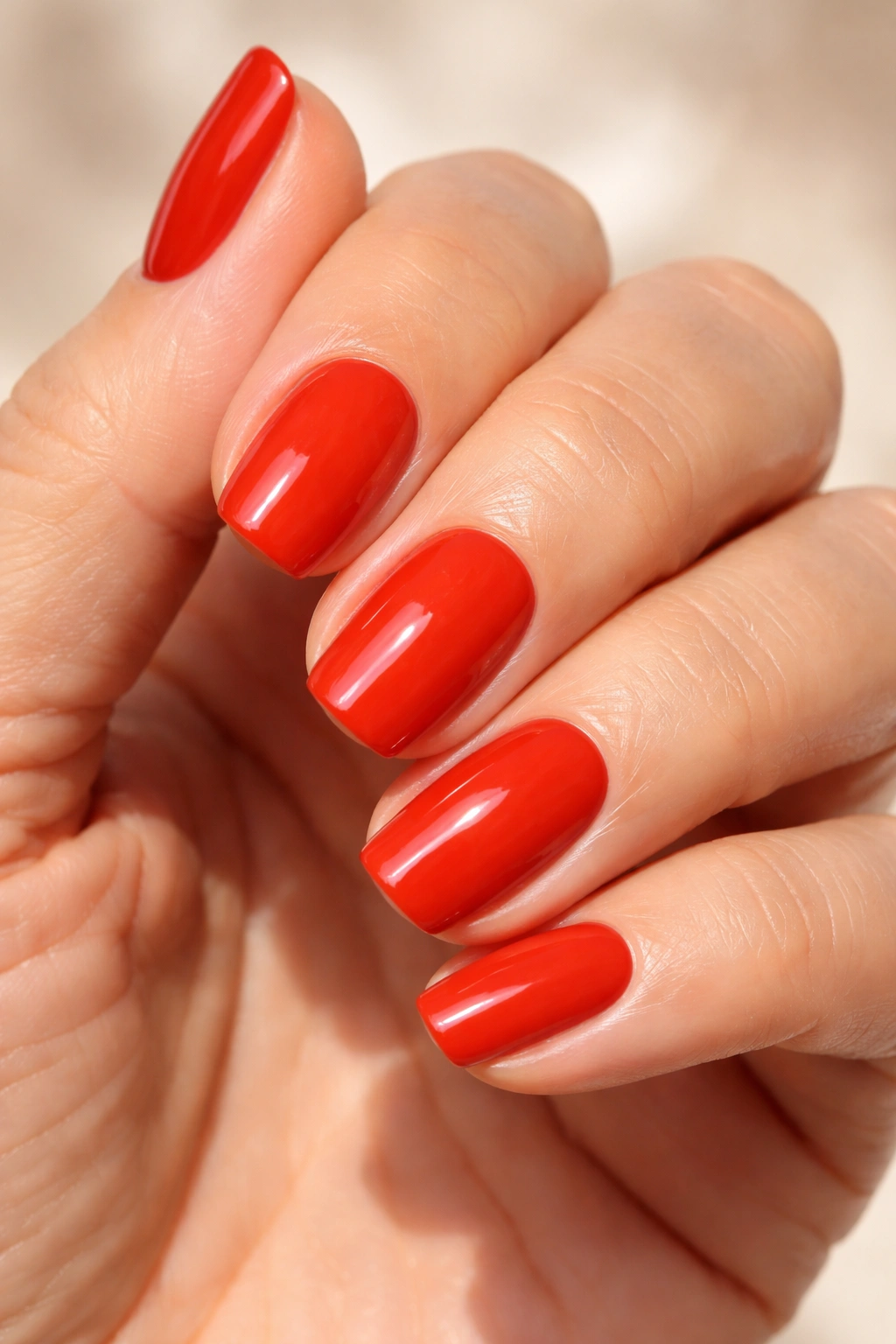 Close-up of nails painted warm orange-toned red