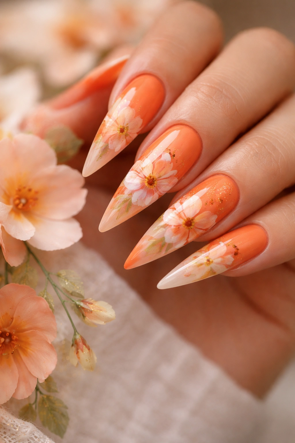 Close-up of orange stiletto nails with watercolor floral designs