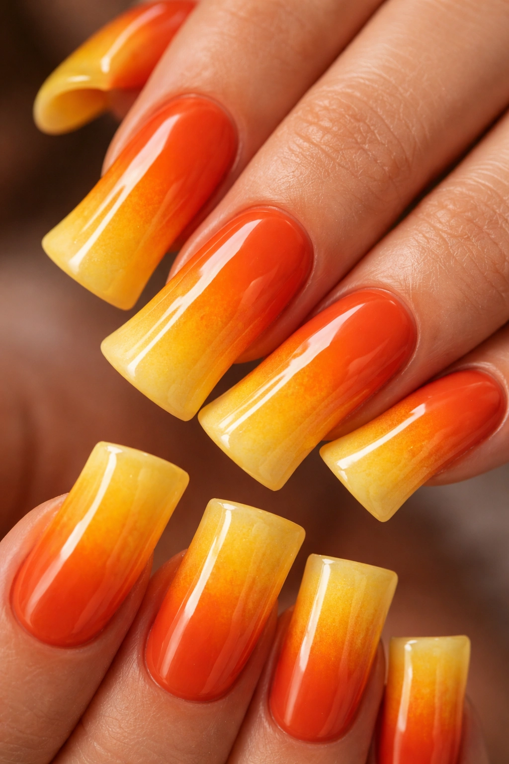 Duck-shaped nails showing orange to yellow ombre with warm glow.