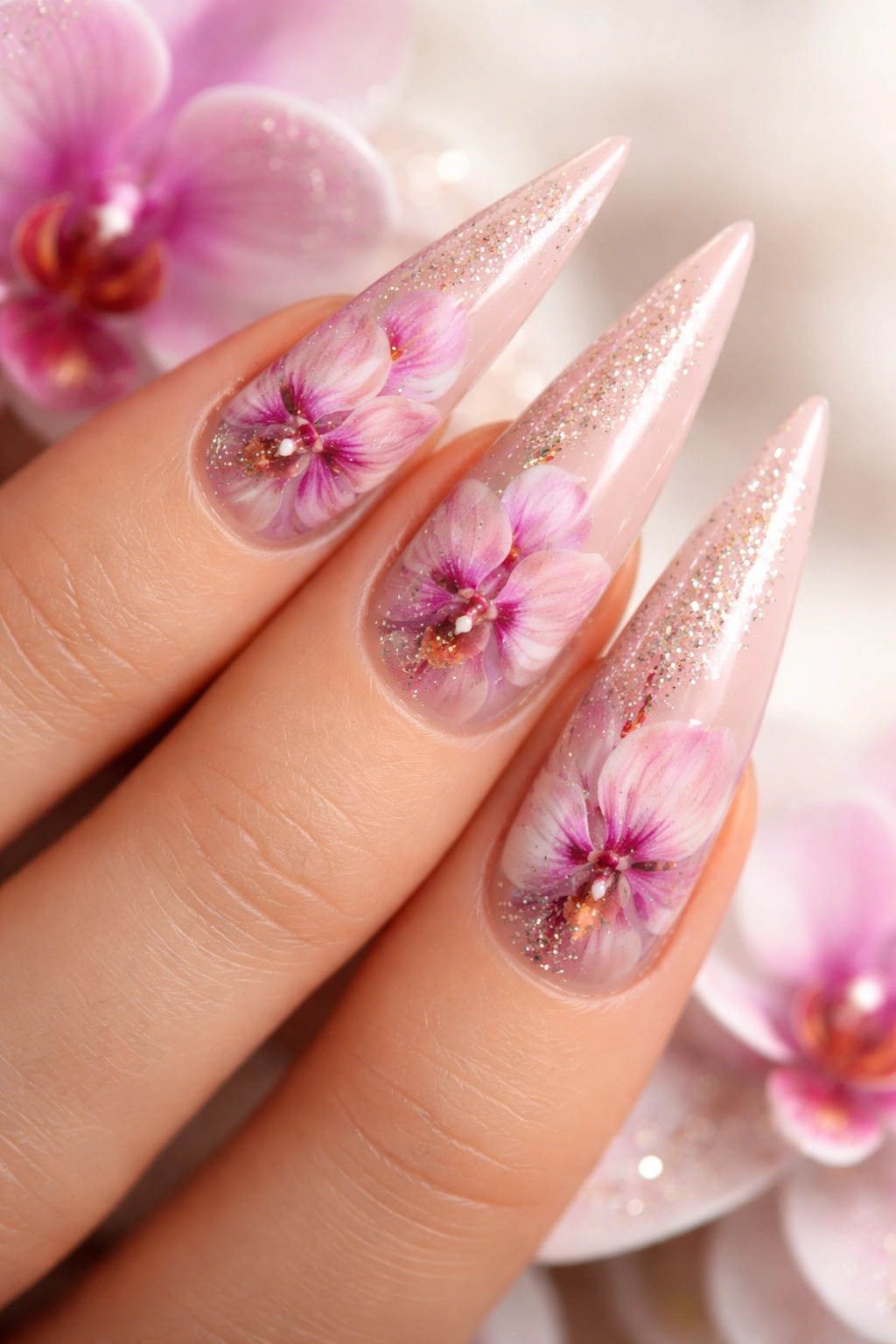 Close-up of orchid glitter stiletto nails with pink and purple orchids and glitter accents
