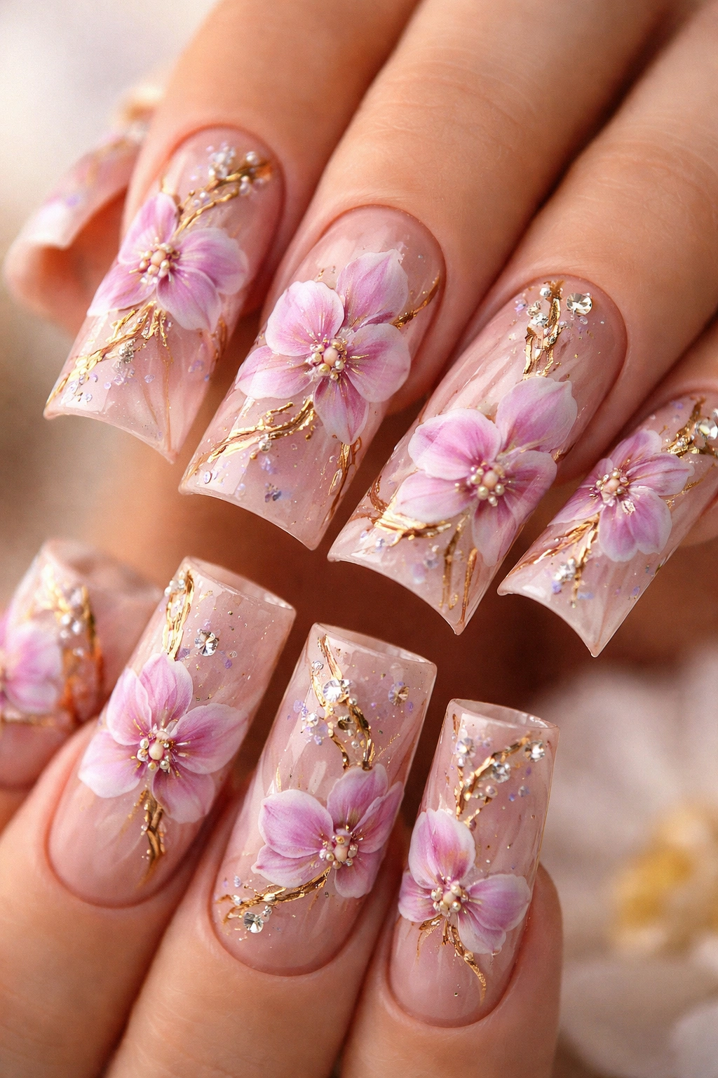 Close-up of duck nails with orchid blooms, rhinestones, and gold accents on a neutral backdrop