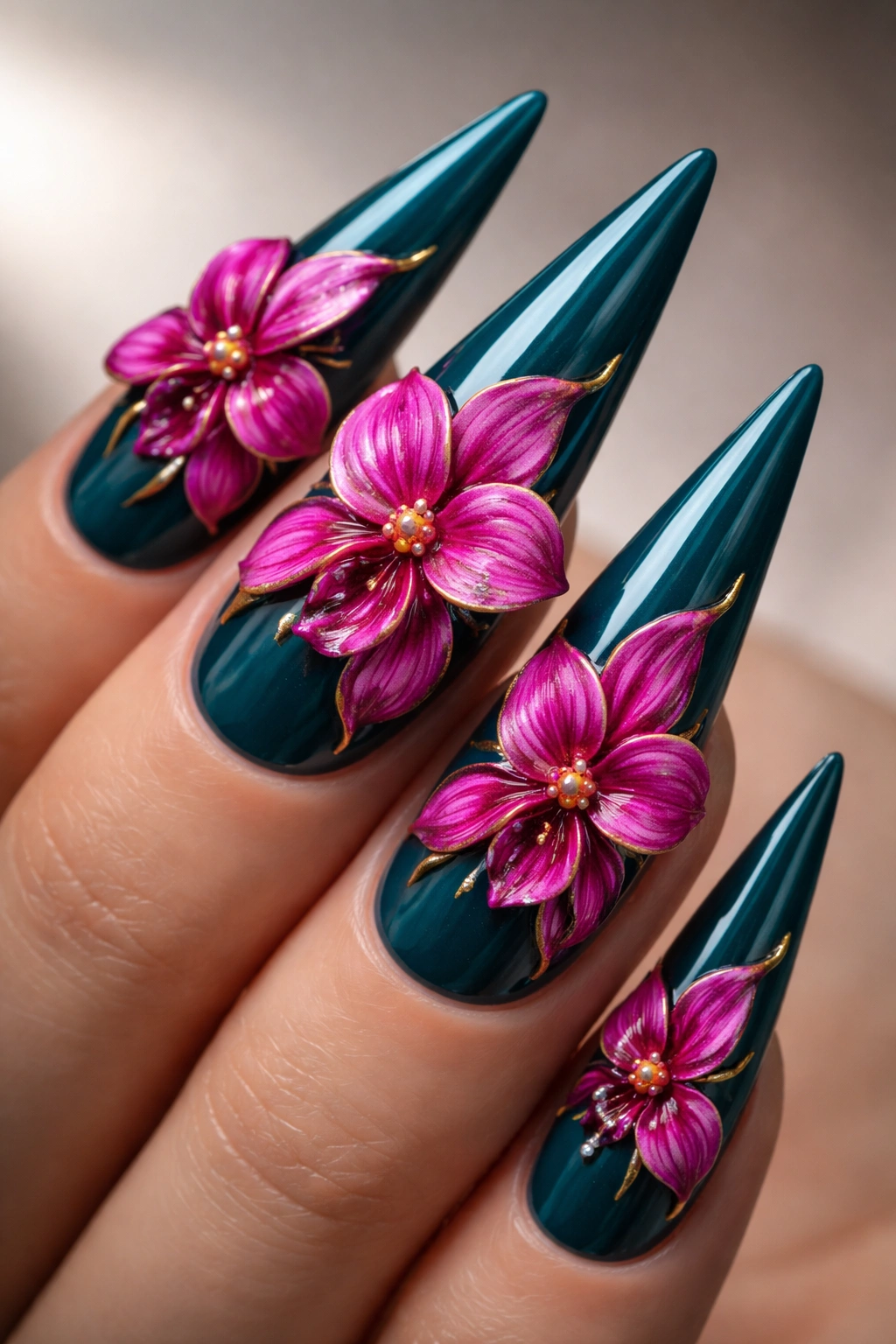 Close-up of a glossy deep teal stiletto nail with 3D pink and magenta orchids and gold edges