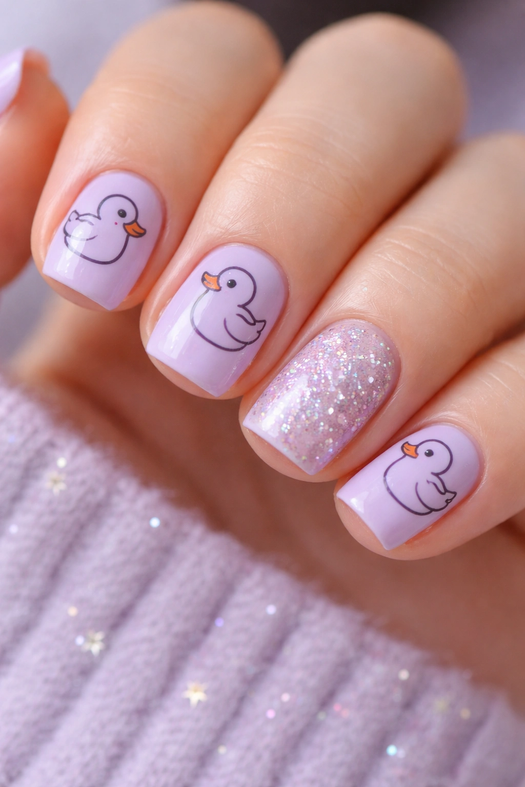 Close-up of lavender nails with outlined ducks and subtle sparkle