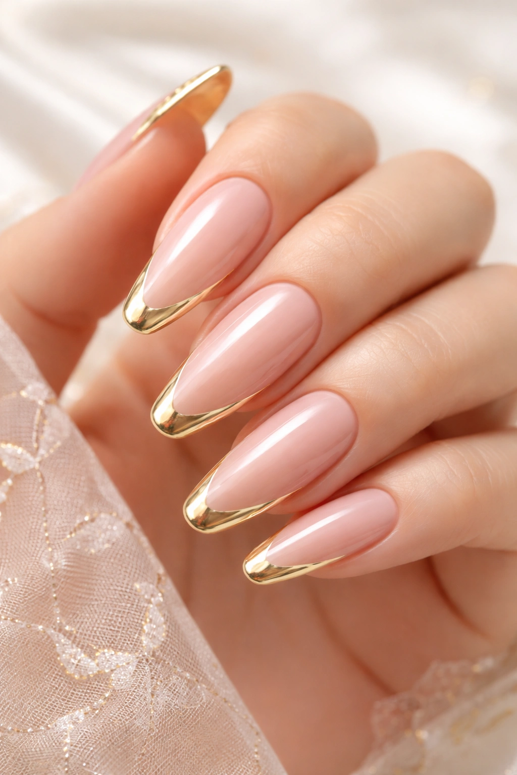 Close-up of long nails with gold outlined French tips