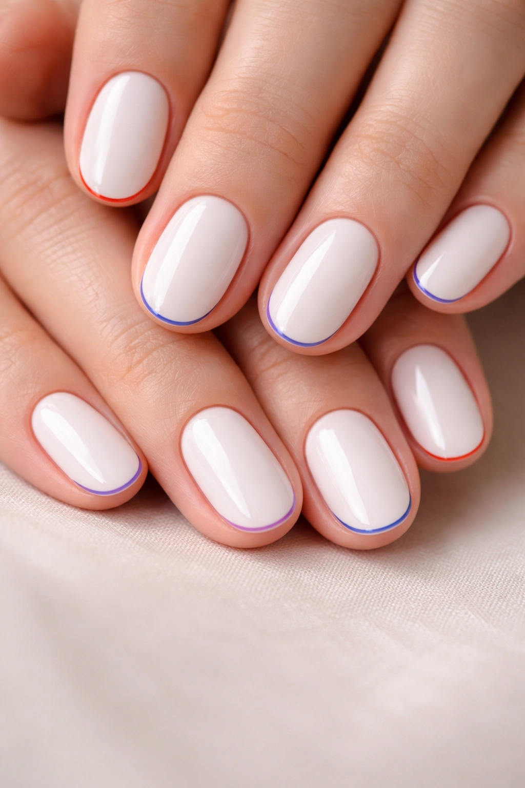 Close-up of short oval nails with a white French tip and a thin colored outline in red, blue, or lavender