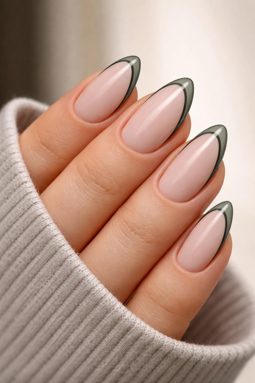 Close-up of short almond nails with sage French tips outlined in a fine dark border
