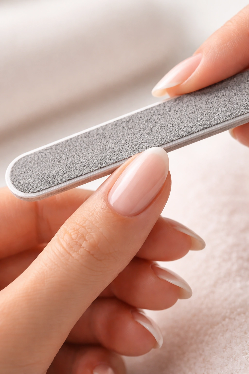 Nail file moved in one direction across oval nail to avoid mistakes