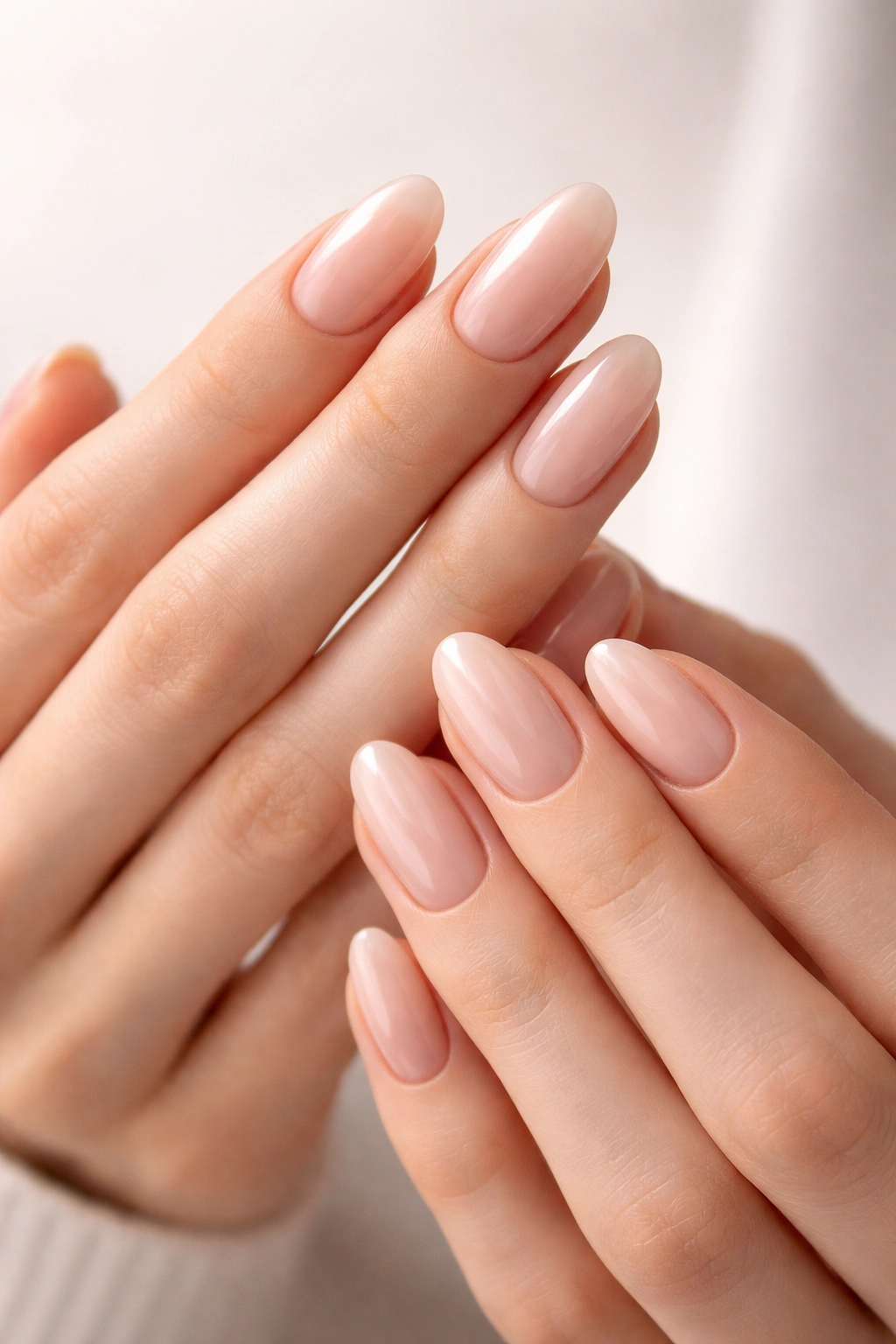 Nails with oval shape on slim fingers in a neutral studio setting