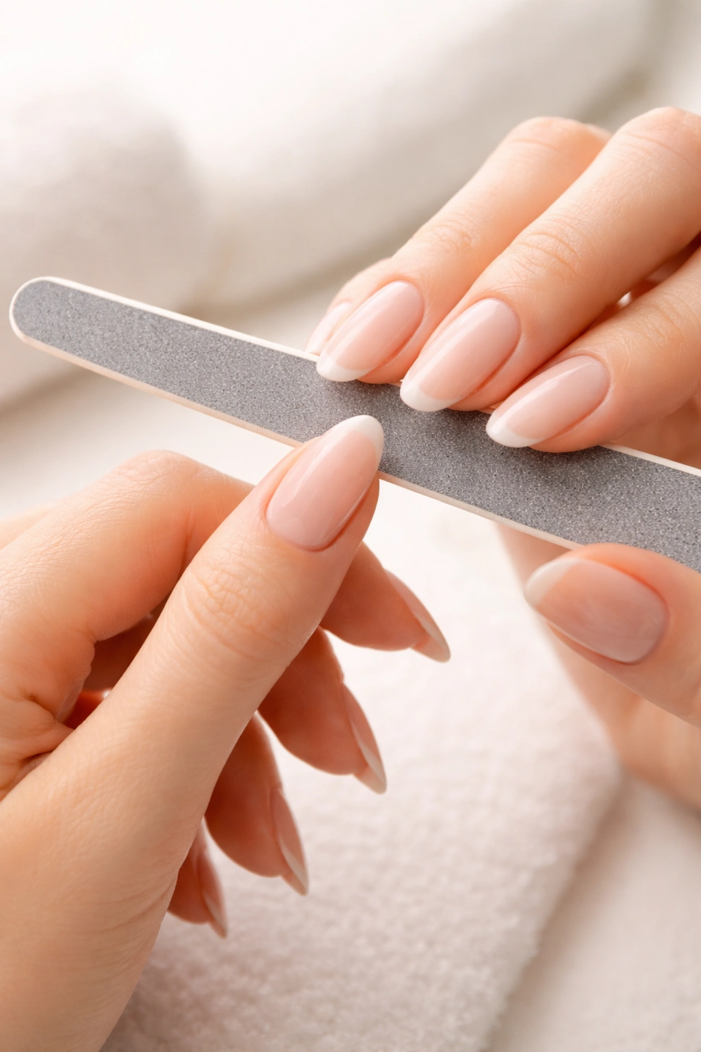 Hands filing nails to create an oval shape with a nail file