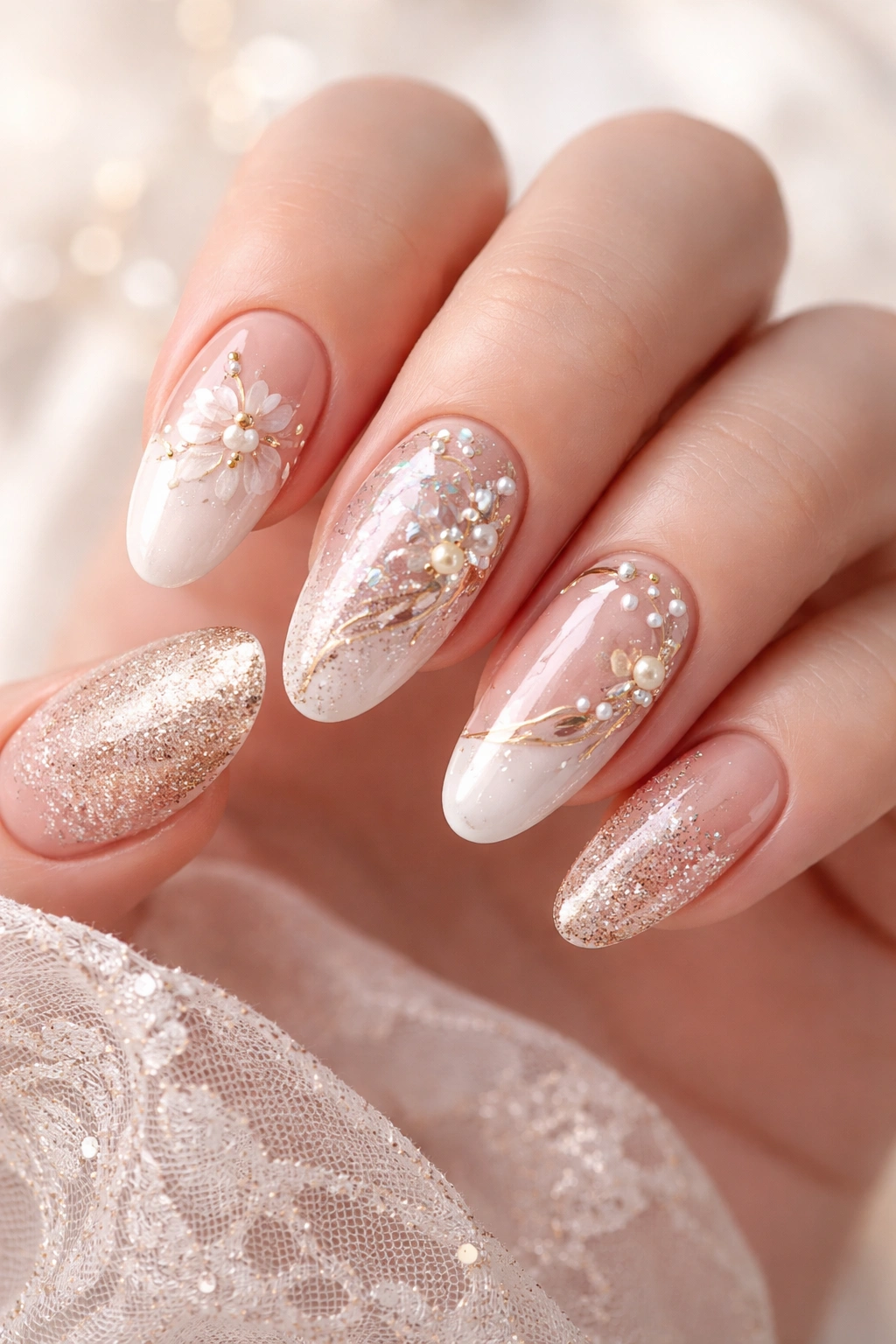 Long oval nails with intricate nail art on a neutral background