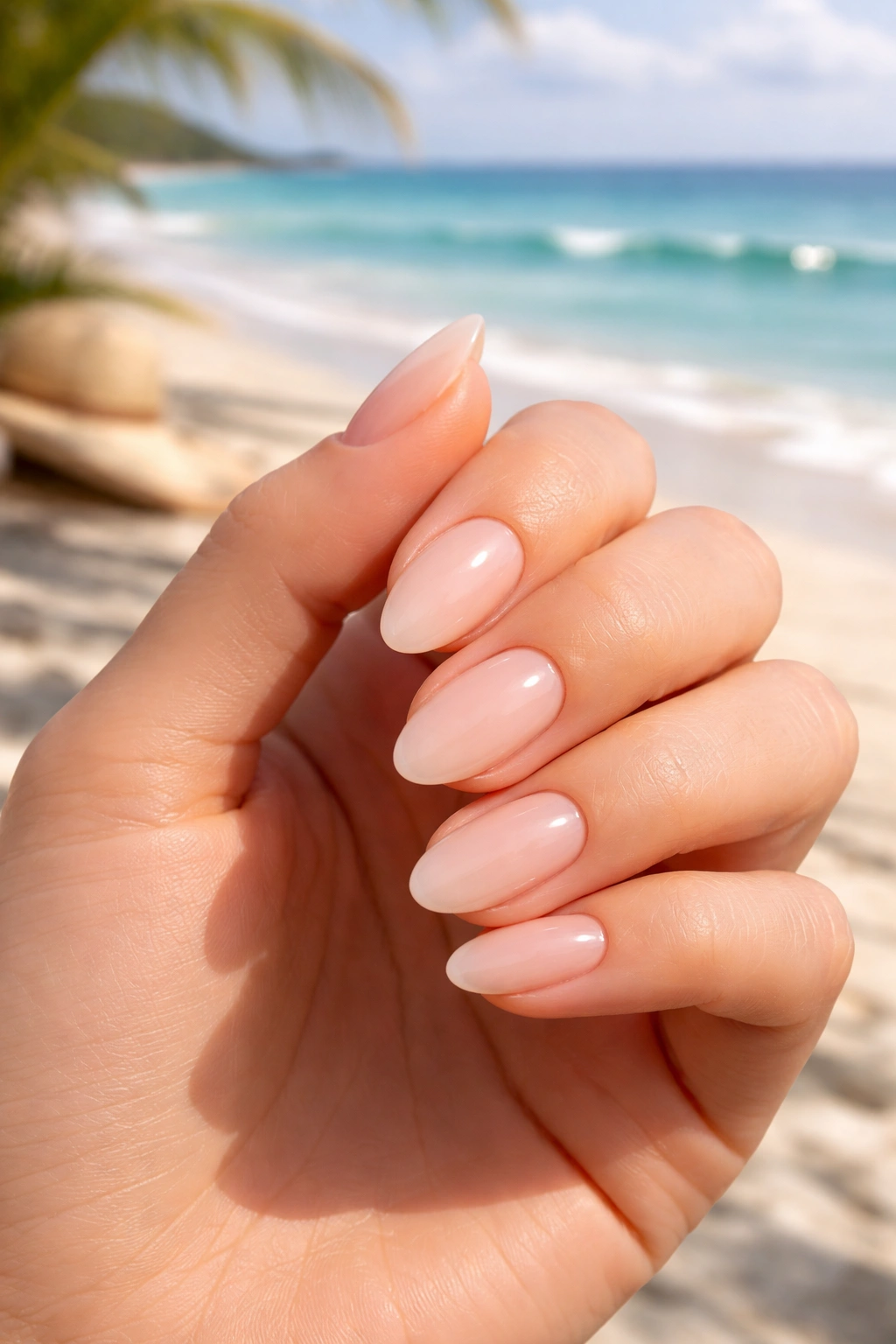 Close-up of oval nails on a hand with beach light