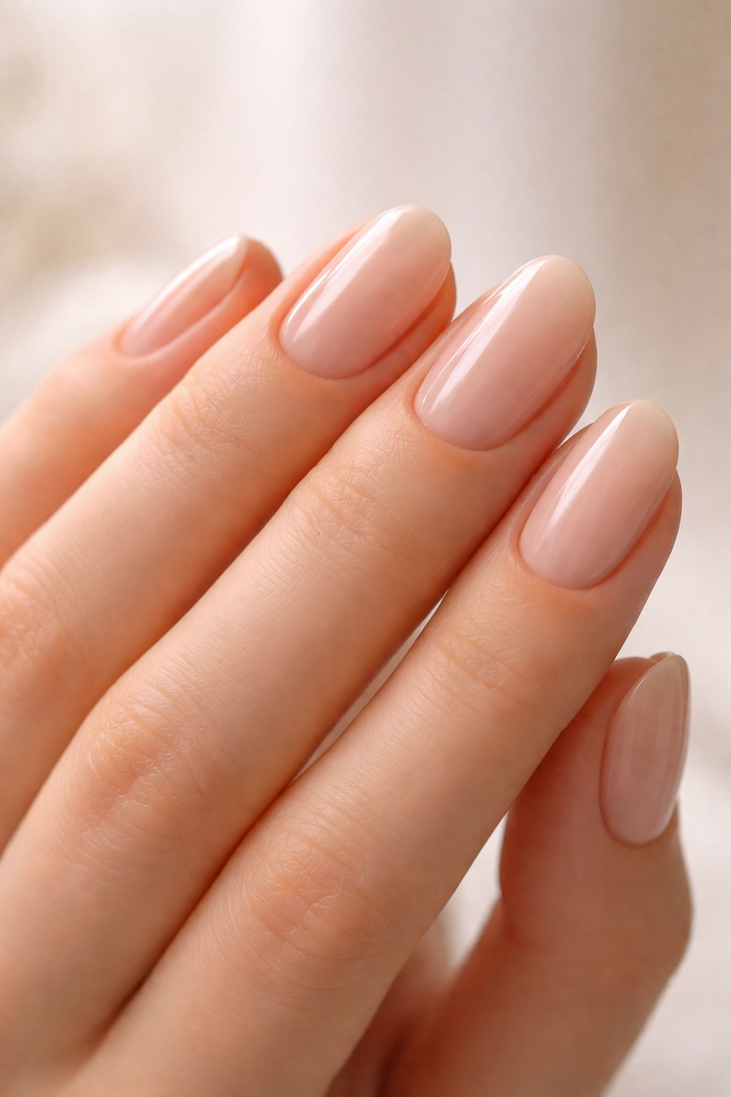 Close-up of oval nails with a natural glossy finish on a hand