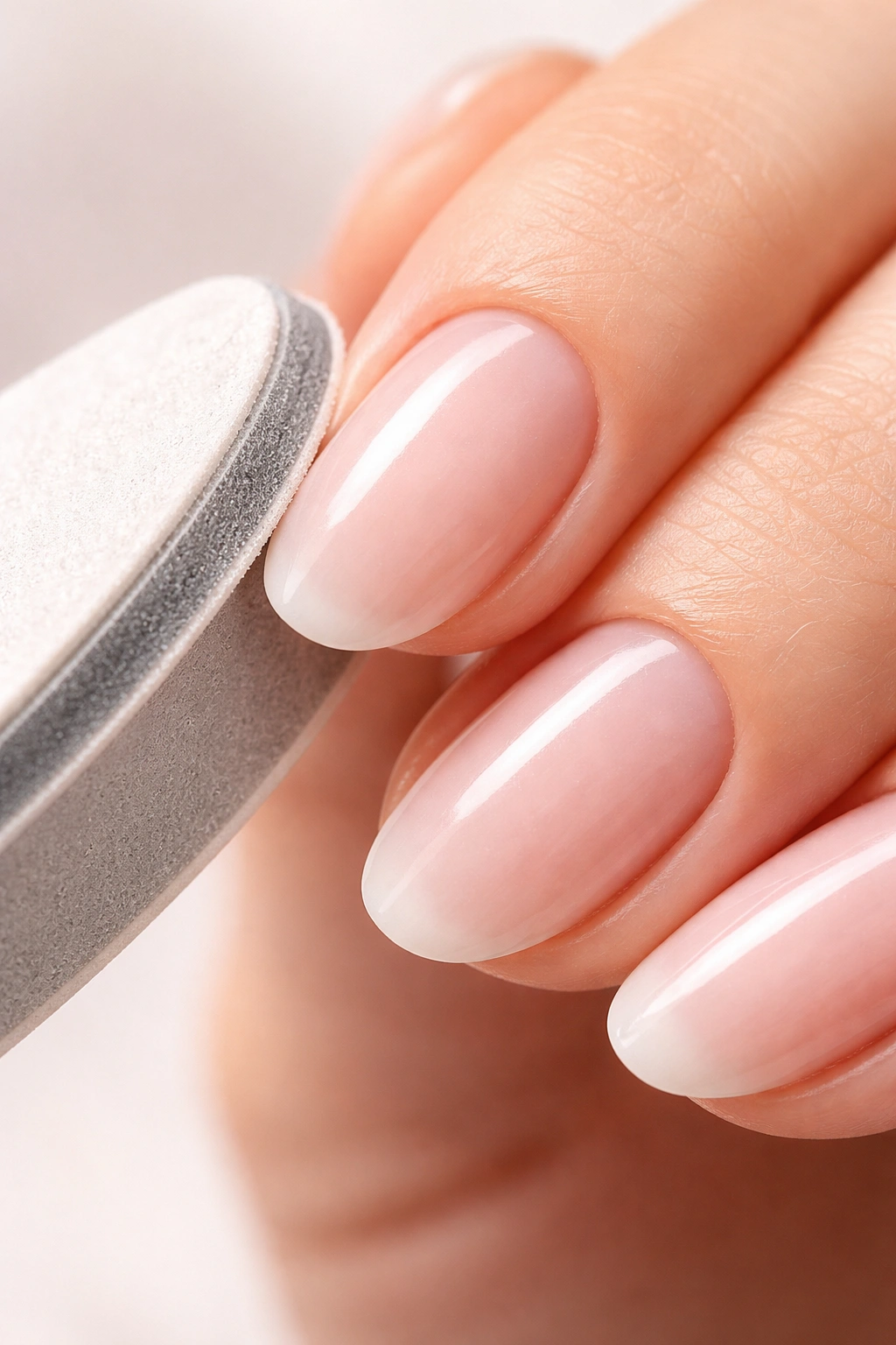 Close-up of a hand buffing the edge of an oval nail for a smooth finish