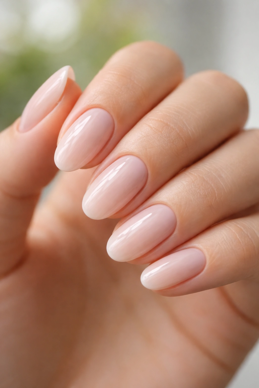 Close-up of a hand with oval-shaped nails and rounded tips.