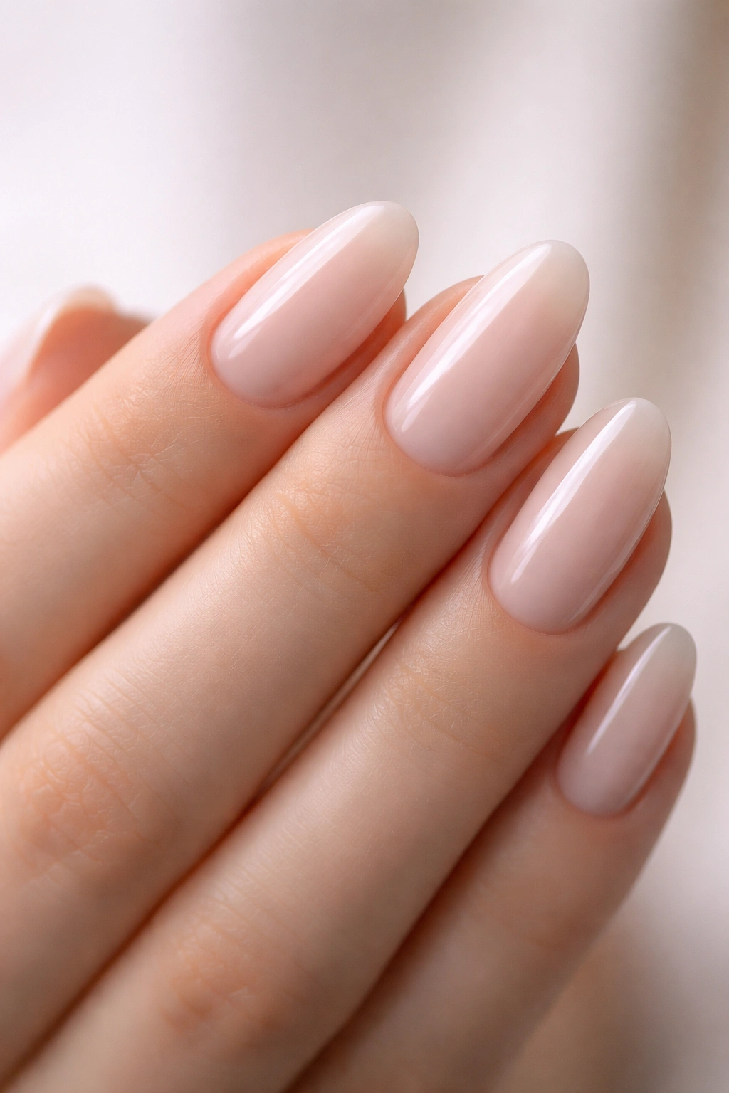 Close-up of an oval nail with symmetrical curved tip on a neutral background