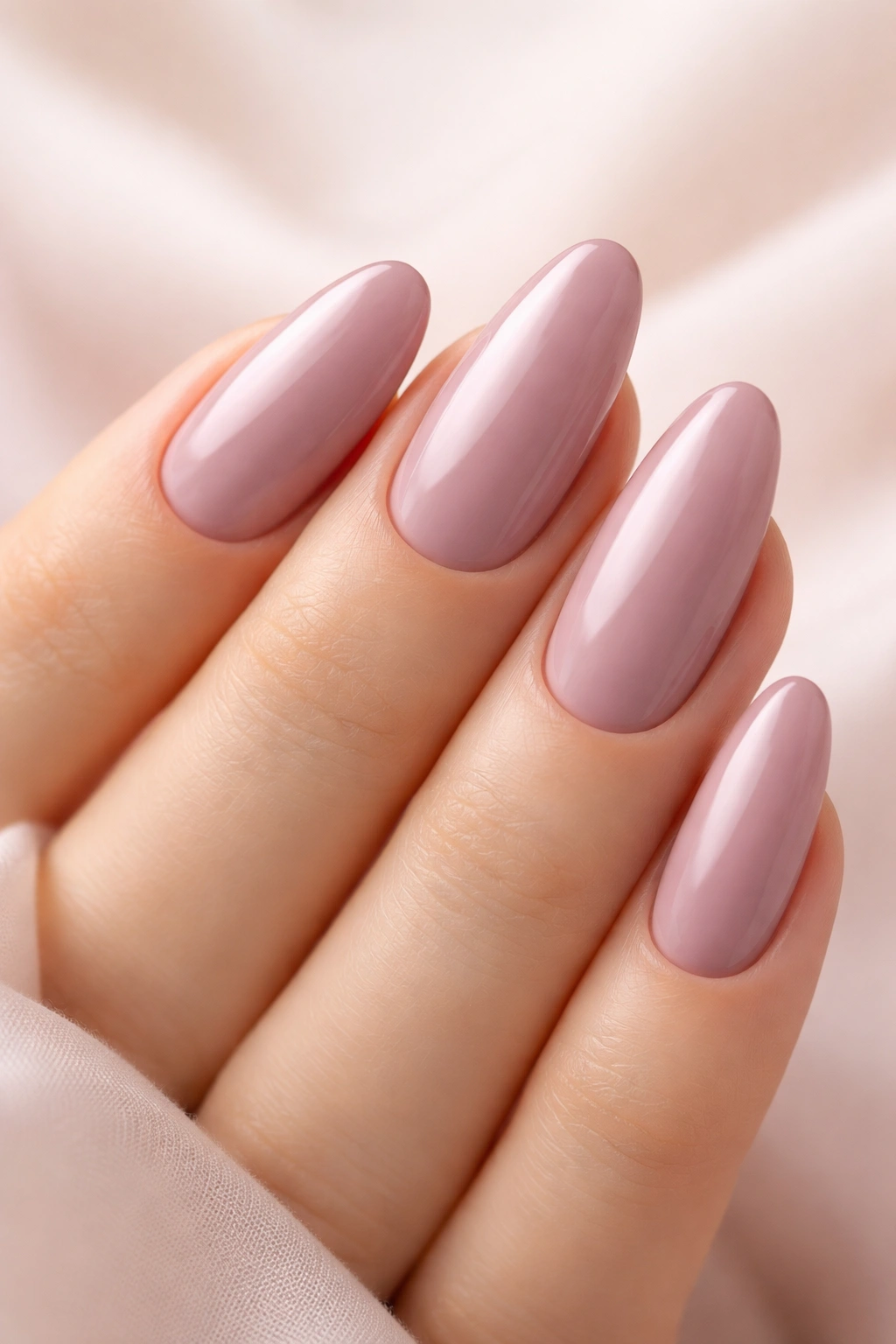 Close-up of hand with elongated oval nails and gentle taper