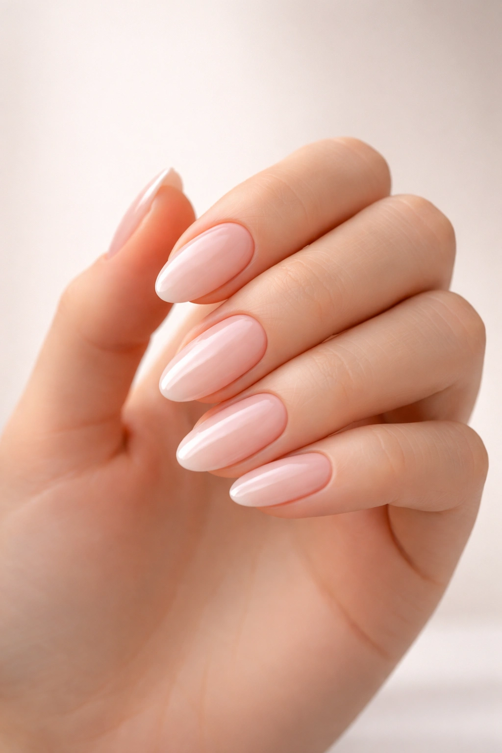 Hand with elegant oval nails in a minimal setting