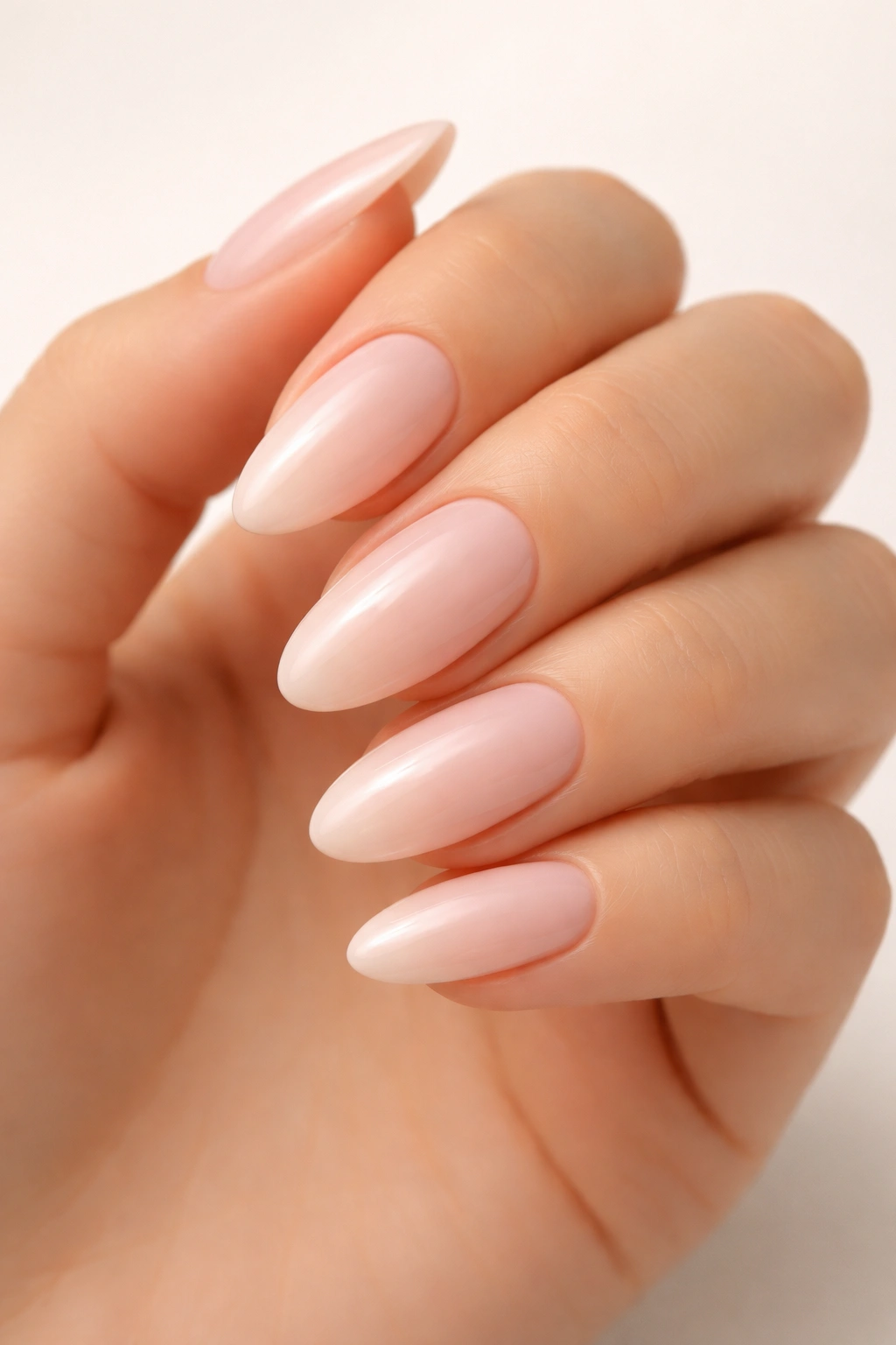 Close-up of oval nails with tapered tips on a manicured hand
