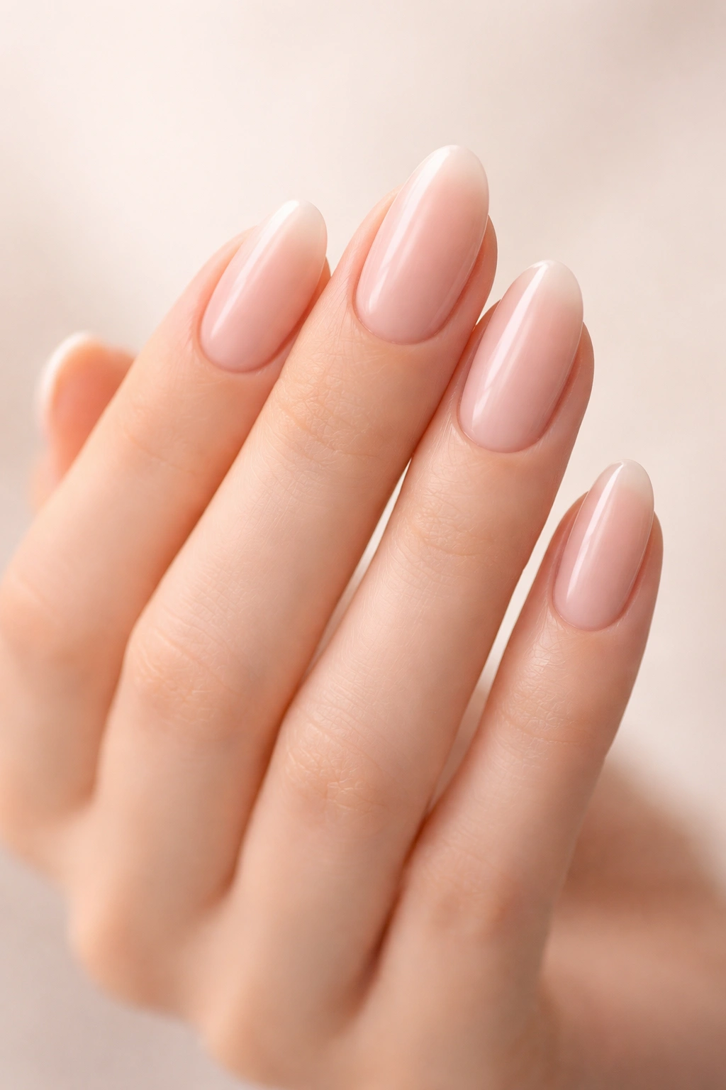 Close-up of oval-shaped nails with rounded tips on a hand