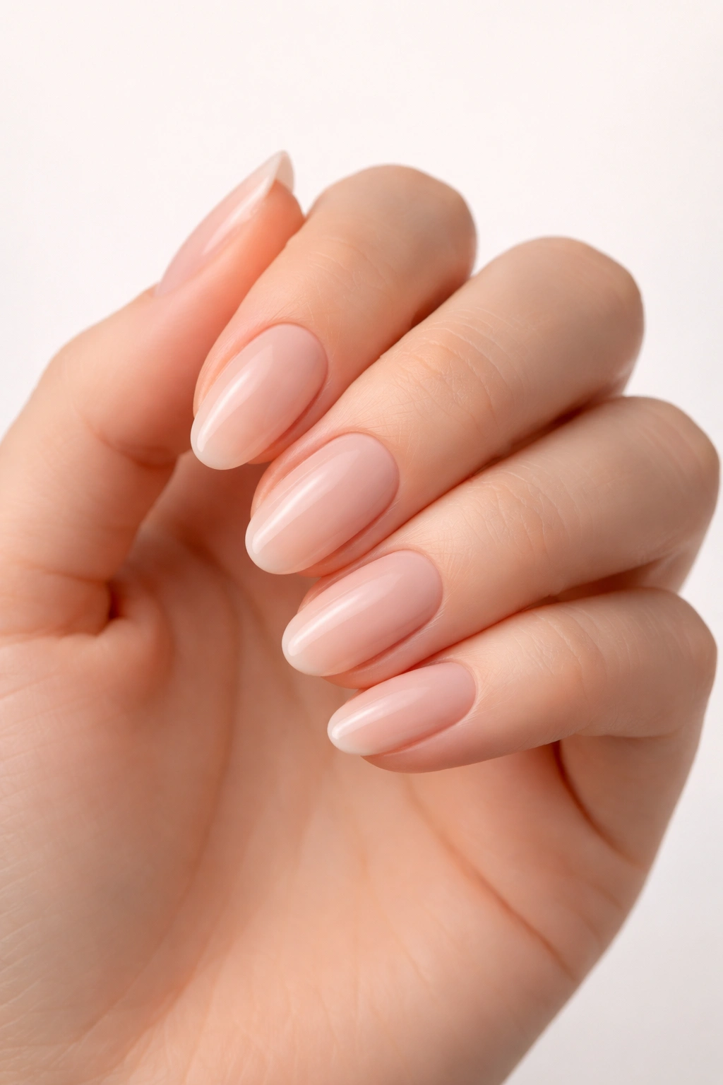 Close-up of a hand with oval nails elongating the fingers