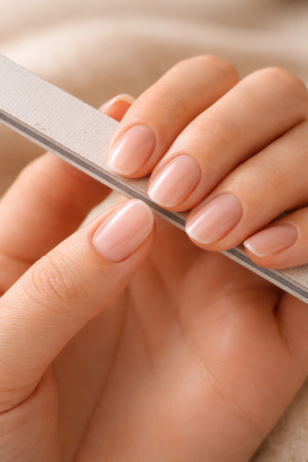Close-up of hand filing short nails into a soft oval shape.
