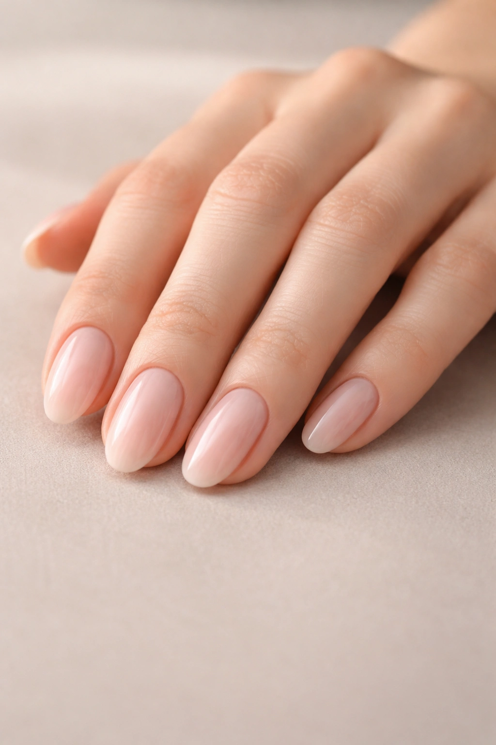 Close-up of a hand with neatly manicured oval nails