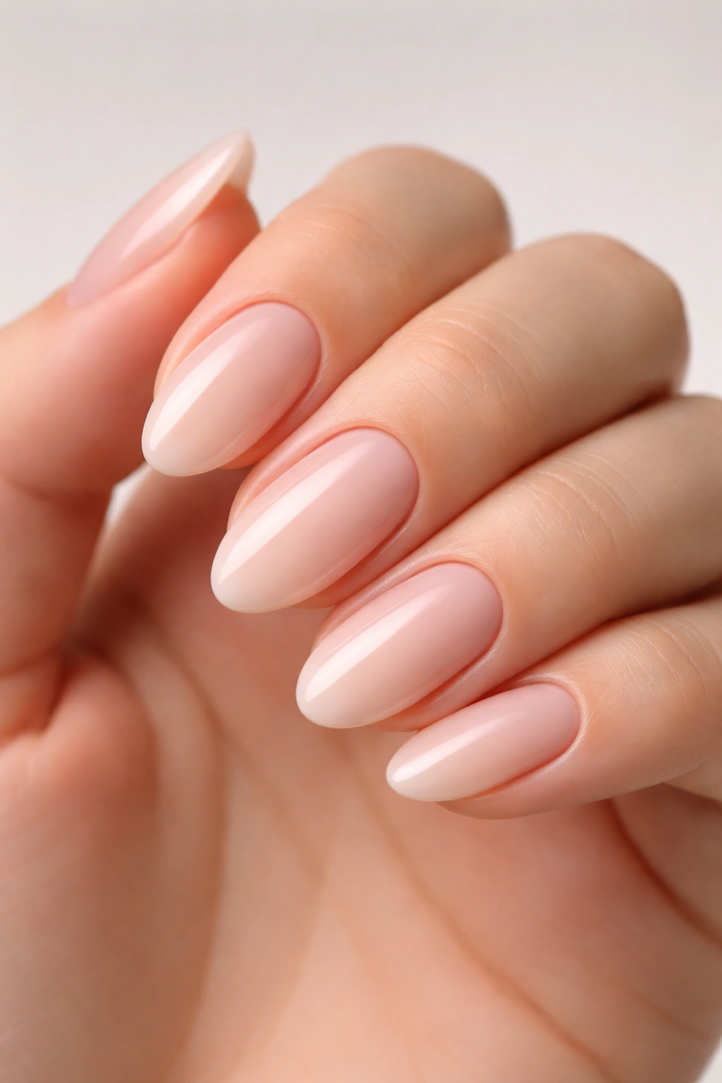 Close-up of nails with oval shape, rounded sides and tapering tips
