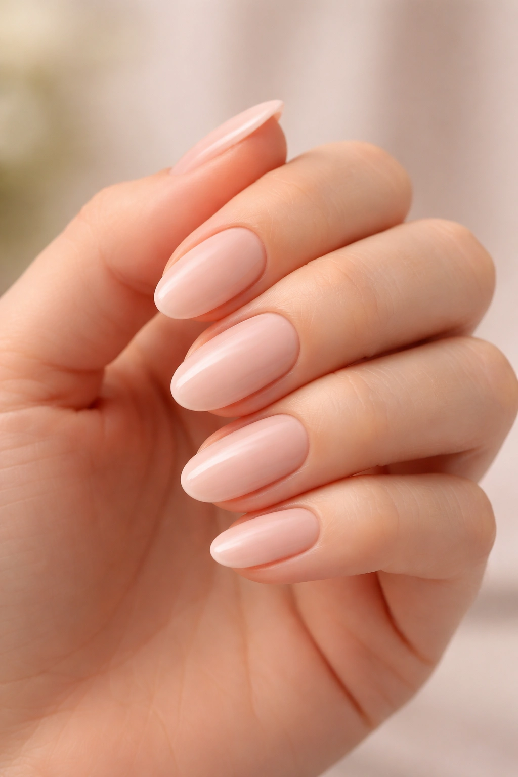 Front view close-up of a hand with oval-shaped nails and rounded tips.