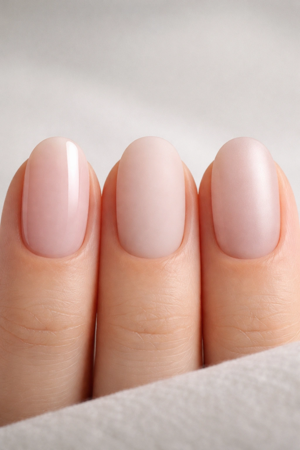 Close-up of three short oval nails with glossy, matte, and satin finishes on a gray background