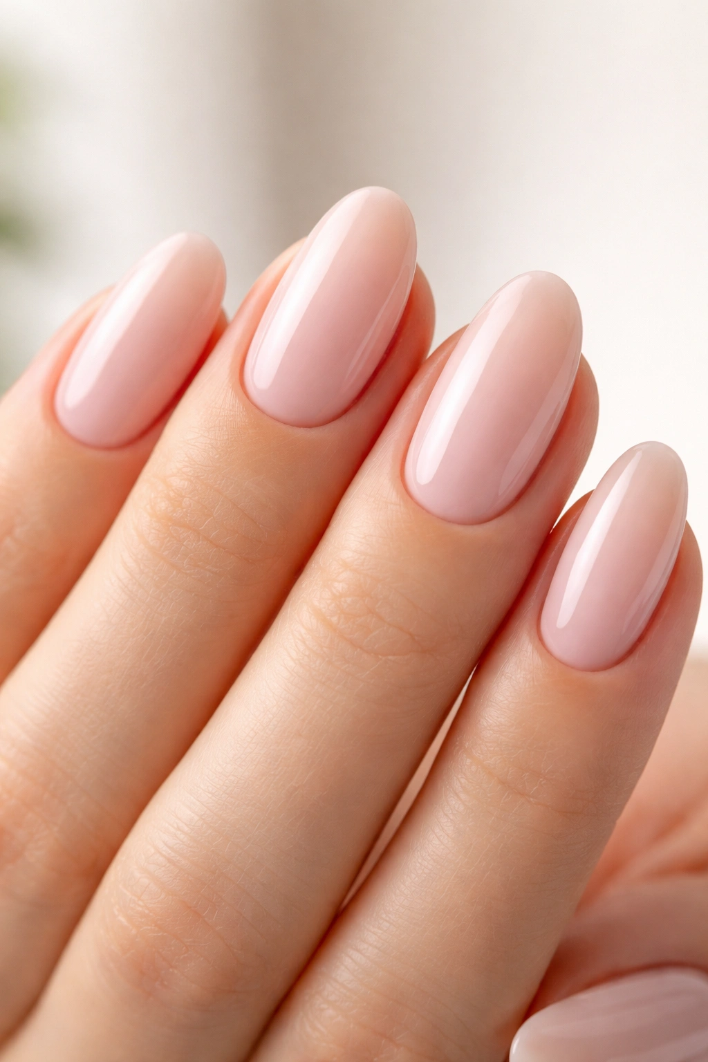Close-up of oval-shaped nails on a hand with a glossy nude polish