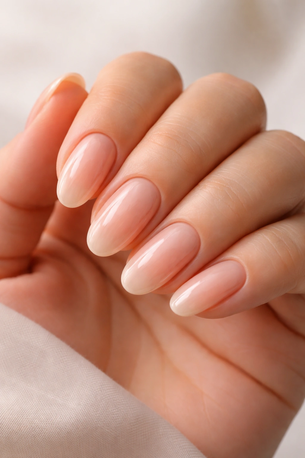 Close-up of oval nails on a hand with sheer nude polish