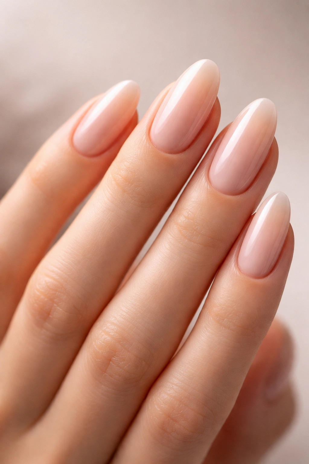 Close-up of hands with oval nails elongating fingers and tapered nail beds