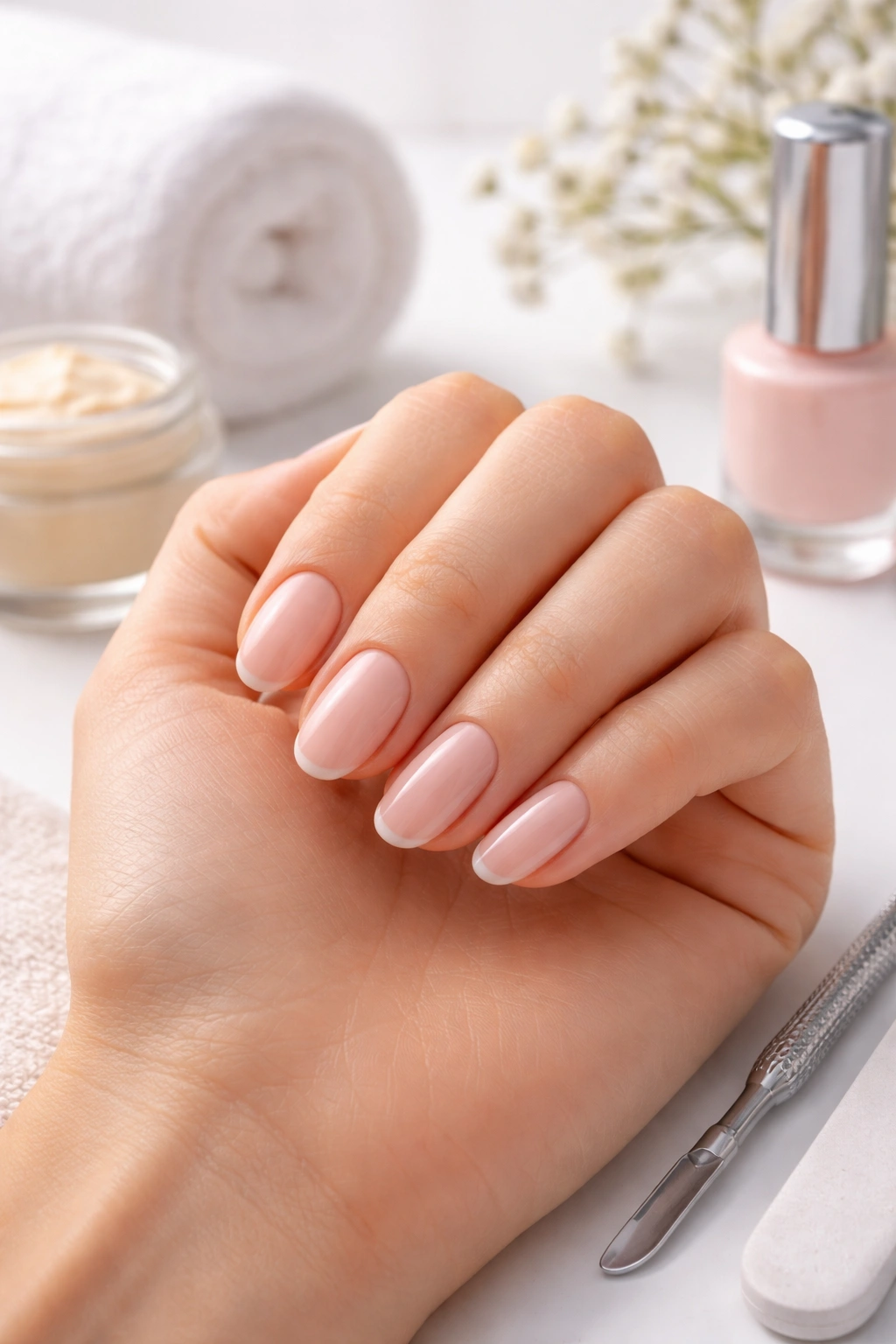 Close-up of an oval nail manicure showing easy maintenance